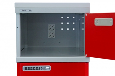 Storage and charging cabinet with red doors