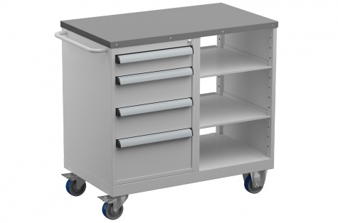 Tool trolley, 4 drawers + 2 shelves, steel top